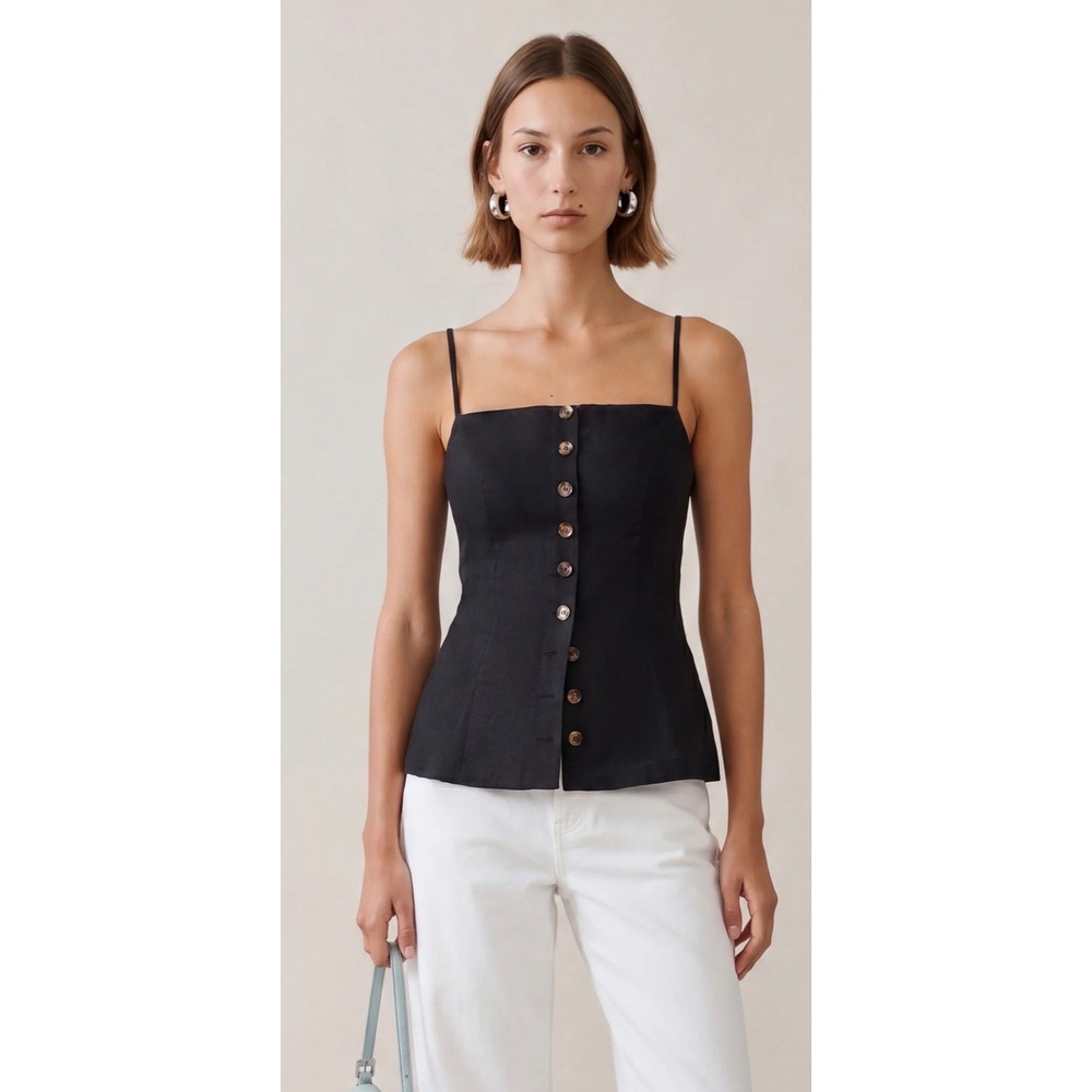 Few Moda Kourt Women Black Linen Button Front Cami Top Size 6 K24WTPD1780G